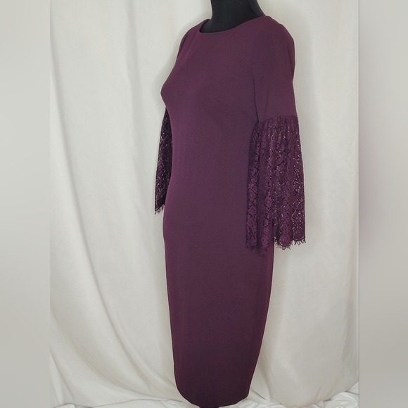 Calvin Klein Eggplant Boat Neck Lace Bell Sleeves Sheath Dress - Size 2 - Picture 3 of 10